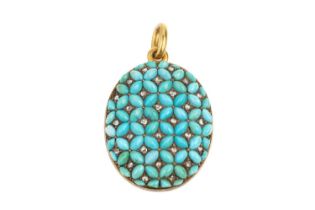 A 19th century French turquoise and diamond locket pendant, set to the front with navette-shaped