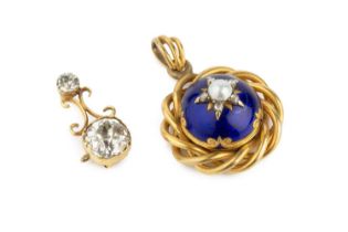 A Victorian half pearl, diamond and enamel pendant, the circular blue enamel boss centred with a