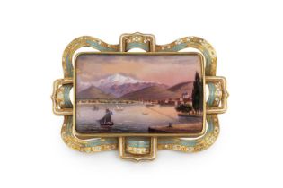 A 19th century enamel panel brooch, the rectangular panel painted to depict a mountainous lake