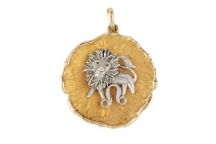 An astrological pendant, the abstract panel applied with a stylised Leo motif, two colour precious