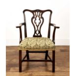 Mahogany upholstered open armchair George III, with scrolling arms and splat back, 56.5cm wide x