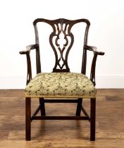 Mahogany upholstered open armchair George III, with scrolling arms and splat back, 56.5cm wide x