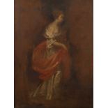 19th Century English School Untitled: Full-length portrait of a lady with a red shawl, oil on