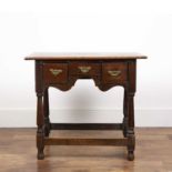 Oak and mahogany side table George III, with three frieze drawers and brass fittings, 76cm wide x