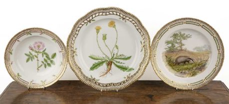 Two Flora Danica Royal Copenhagen pieces and a further plate including a painted a 'Rosa Canina L'