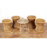 Wicker stool 38cm diameter x 38cm high, and four central Asian tribal bamboo and rope stools, 33cm