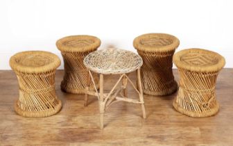 Wicker stool 38cm diameter x 38cm high, and four central Asian tribal bamboo and rope stools, 33cm