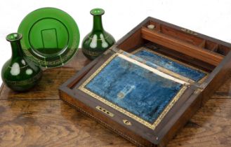 Walnut Tunbridge Ware writing box sloped, the lid inlaid with mother of pearl, in the form of a