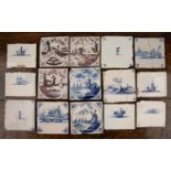 Collection of Delft tiles Dutch, blue and white, depicting various subjects, including three