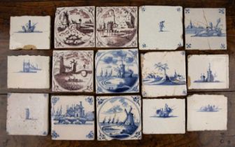 Collection of Delft tiles Dutch, blue and white, depicting various subjects, including three