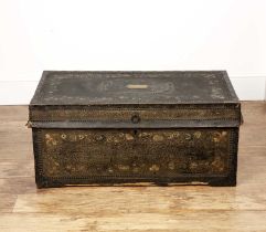 Studded leather and camphorwood trunk 19th Century, with painted decoration and plaque to the lid