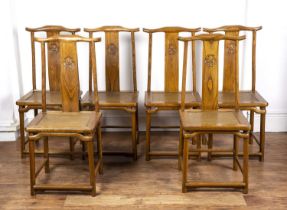 Set of six provincial elm dining chairs Chinese, with carved back rails and rattan seats, 108cm high