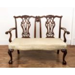 Chippendale style mahogany two-chair back settee with carved open arms and splat backs, on ball