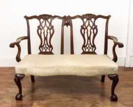 Chippendale style mahogany two-chair back settee with carved open arms and splat backs, on ball
