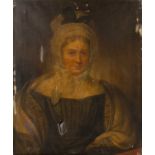 19th Century English School 'Portrait of a lady wearing a bonnet', oil on canvas, unsigned,