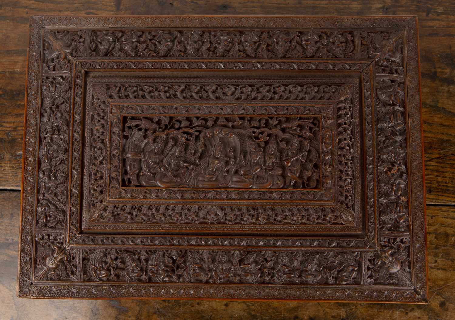 Sandalwood jewel box Indian, late 19th/20th Century, with extensive carved decoration throughout and - Image 5 of 7