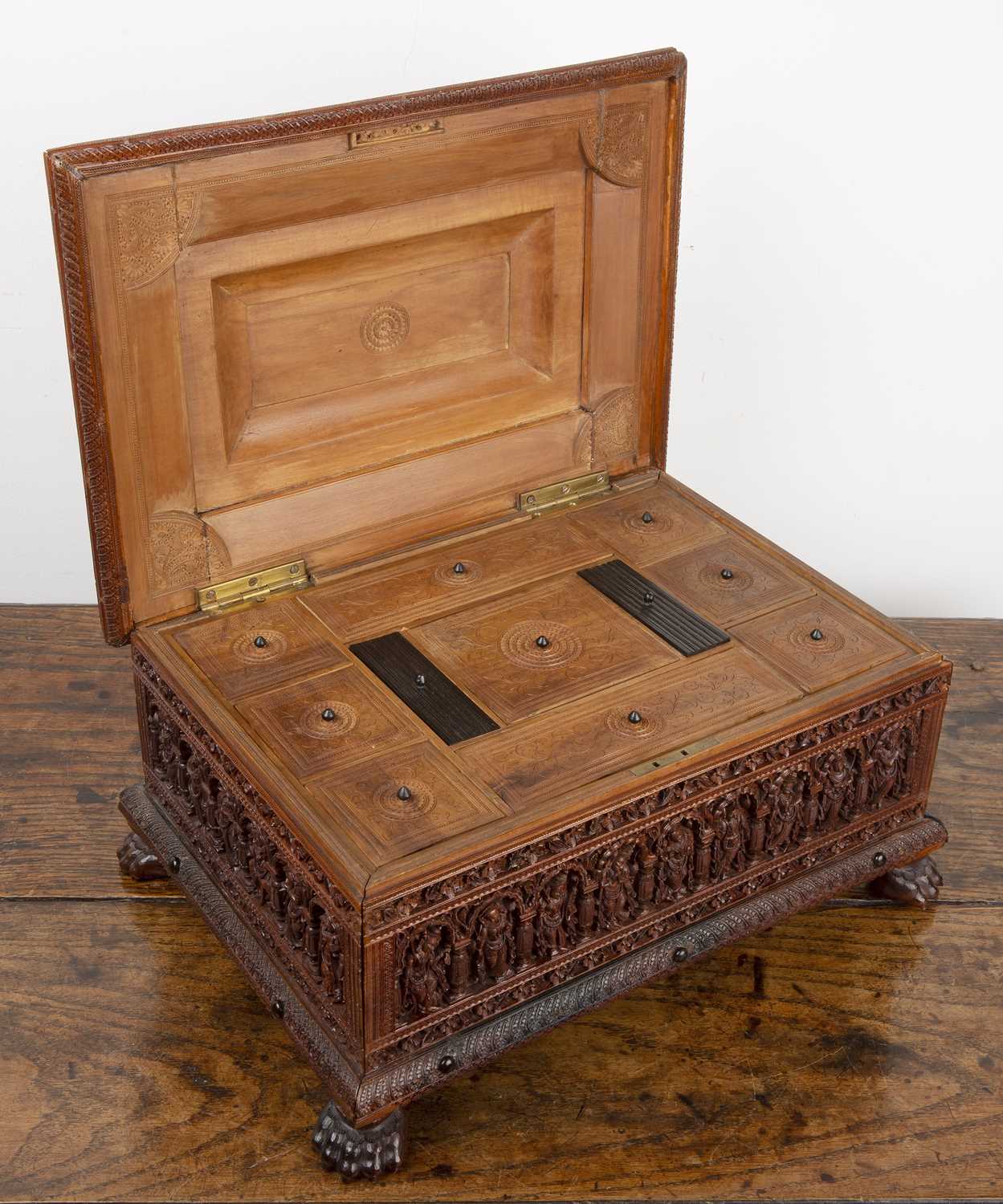 Sandalwood jewel box Indian, late 19th/20th Century, with extensive carved decoration throughout and - Image 4 of 7