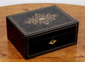 Boulle box with a hinged top with brass and tortoiseshell inlay, scrolling foliate decoration,