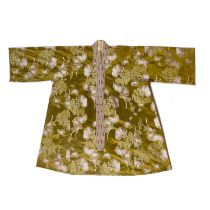 Woven silk dress Turkish, of green ground, woven with flowers and with handmade panels.