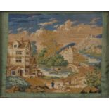 Very fine needlepoint panel of a river scene with a clouded sky, framed by an olive ribbon, possibly