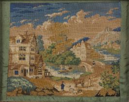 Very fine needlepoint panel of a river scene with a clouded sky, framed by an olive ribbon, possibly