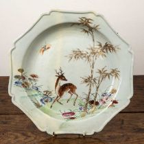 Octagonal famille rose charger Chinese, 18th Century, painted with a deer, butterfly and bamboo,