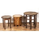 Three carved occasional tables Indian, including a Benares brass inlaid table, 59cm wide, the two