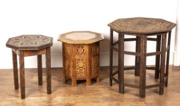 Three carved occasional tables Indian, including a Benares brass inlaid table, 59cm wide, the two