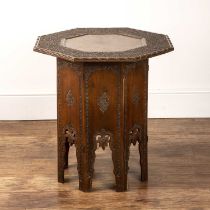 Octagonal carved occasional table Indian, with arched and carved folding base/stand, 61cm wide x