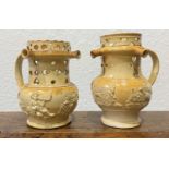 Two salt-glazed puzzle jugs by Brampton Pottery, Chesterfield 18th or 19th Century, decorated with