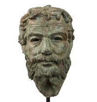 Head of a bearded man bronzed metal on a mounted wooden base, 38.5cm high overall Overall wear