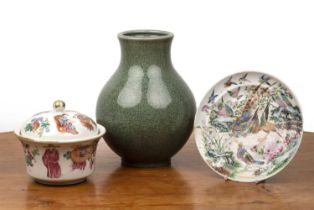Group of pieces including a green crackle-ware vase, 24cm high, a Chinese famille rose tureen and
