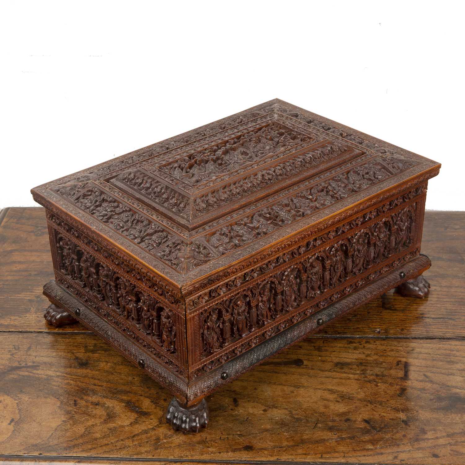 Sandalwood jewel box Indian, late 19th/20th Century, with extensive carved decoration throughout and - Image 2 of 7
