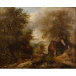 19th Century British School Untitled: Landscape with sheep and figure, oil on canvas laid on