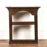 Oak open shelves 18th Century, converted from a longcase clock hood, 54cm wide x 57.5cm high overall