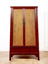 Red lacquer cabinet Chinese, with rattan doors and drawers below, 110cm wide x 187cm high x 50cm