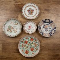 Five various chargers Chinese and Japanese, including famille rose and others, largest 36cm