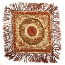 Embroidered floral square Magyar, in gold and soft reds and with a cinnamon fringe, 71cm x 75cm