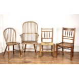 Group of country chairs including a 19th Century elm Windsor chair, two spindle back side chairs,