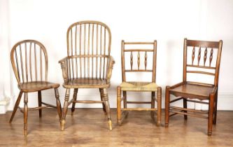 Group of country chairs including a 19th Century elm Windsor chair, two spindle back side chairs,