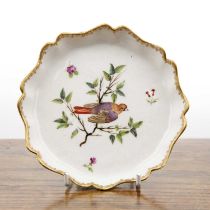 Oude Loosdrecht porcelain tea pot stand/tray Dutch, 18th Century, painted with a bird and branch,