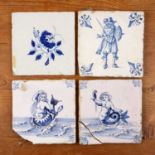 Four Delft tiles Dutch, blue and white, to include two tiles painted with merpeople, a tile