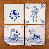 Four Delft tiles Dutch, blue and white, to include two tiles painted with merpeople, a tile