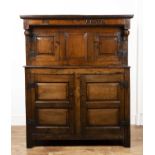Welsh oak Cwpwrdd Deuddarn 18th Century, the top section with carved date '1737', the top with two