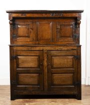 Welsh oak Cwpwrdd Deuddarn 18th Century, the top section with carved date '1737', the top with two