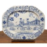 Blue transfer oval charger 19th Century, with Chinese figures and herons in a garden setting, 47.5cm