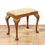 Walnut Queen Anne style footstool with drop in upholstered seat with gold brocade pattern, 59cm wide