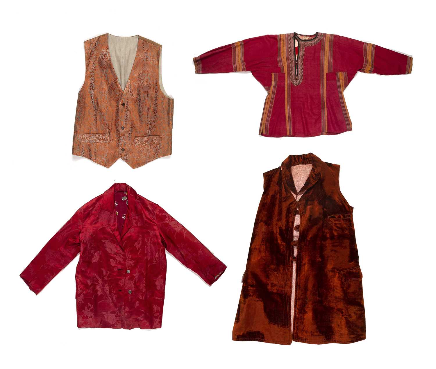 Group of four pieces including a Central Asian red silk and embroidered top, a Hungarian silk