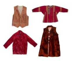 Group of four pieces including a Central Asian red silk and embroidered top, a Hungarian silk