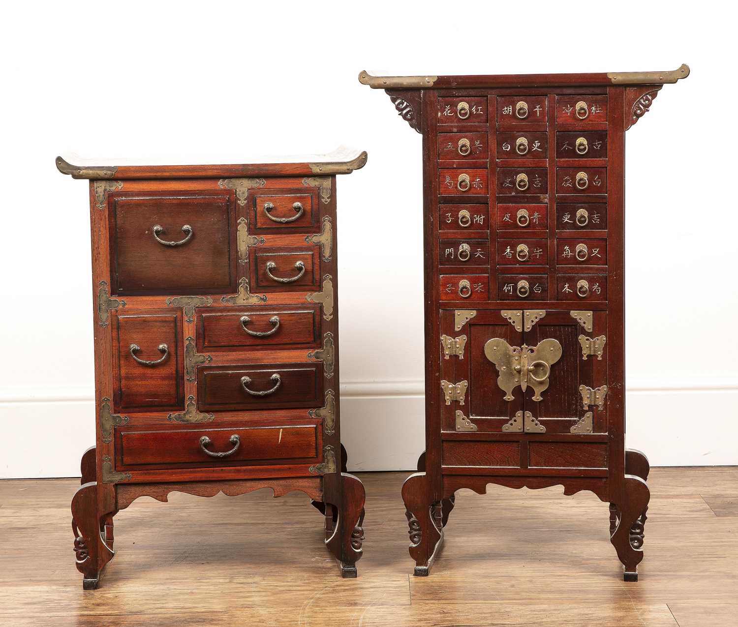 Two small sets of drawers Chinese, one 47cm wide x 75cm high x 25cm deep and the other 44.5cm wide x